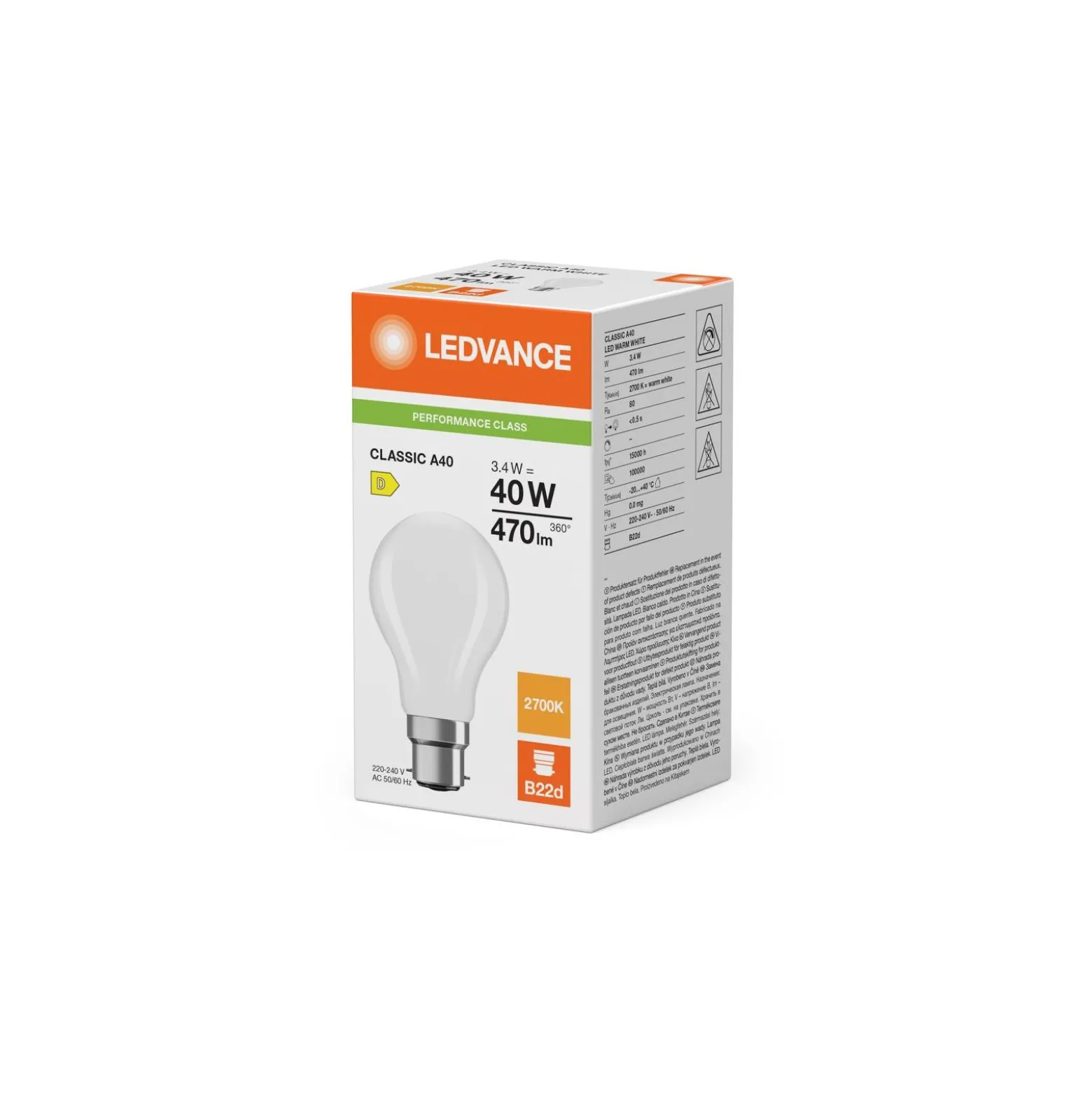 Ledvance Classic LED B22 Päron Matt 3.4W 470lm - 827 Extra Varm Vit | Ersättare 40W