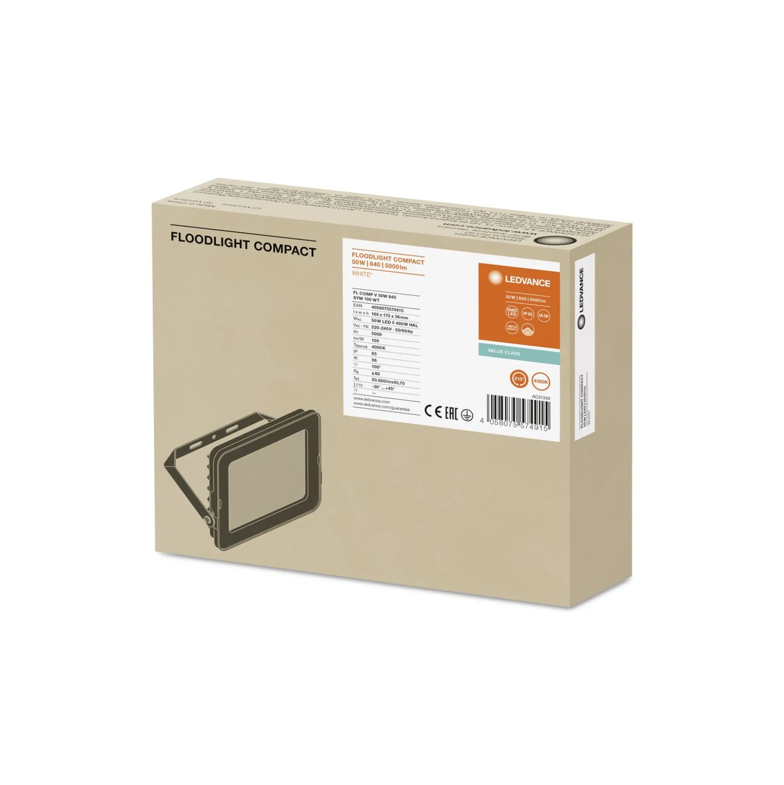 Ledvance LED Strålkastare Kompakt Vit 50W 5000lm 100D - 840 Kallvit | IP65 - Symmetrisk