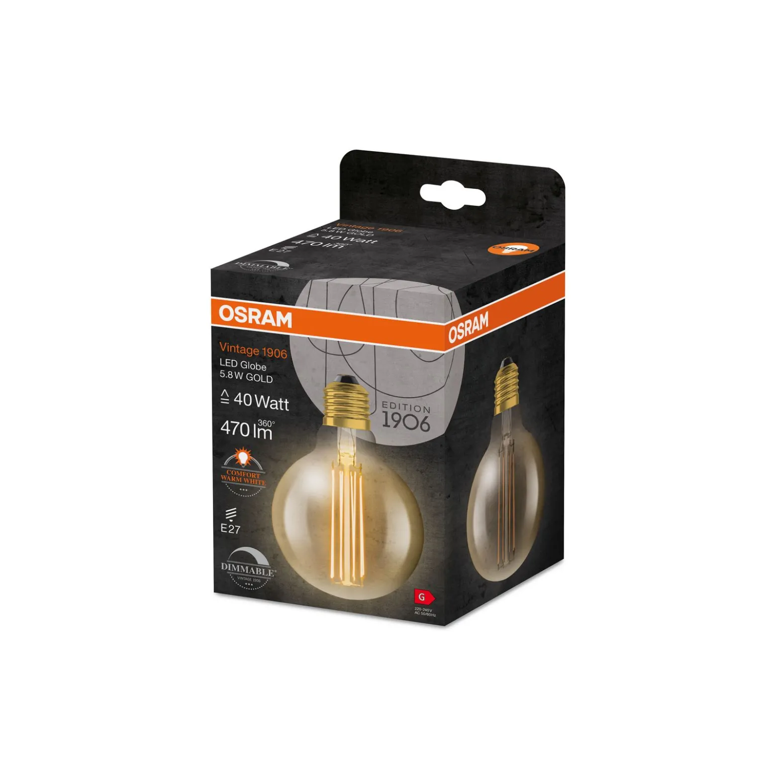 Osram Vintage 1906 LED E27 Globe Filament Guld 95mm 5.8W 470lm - 822 Extra Varm Vit | Dimbar